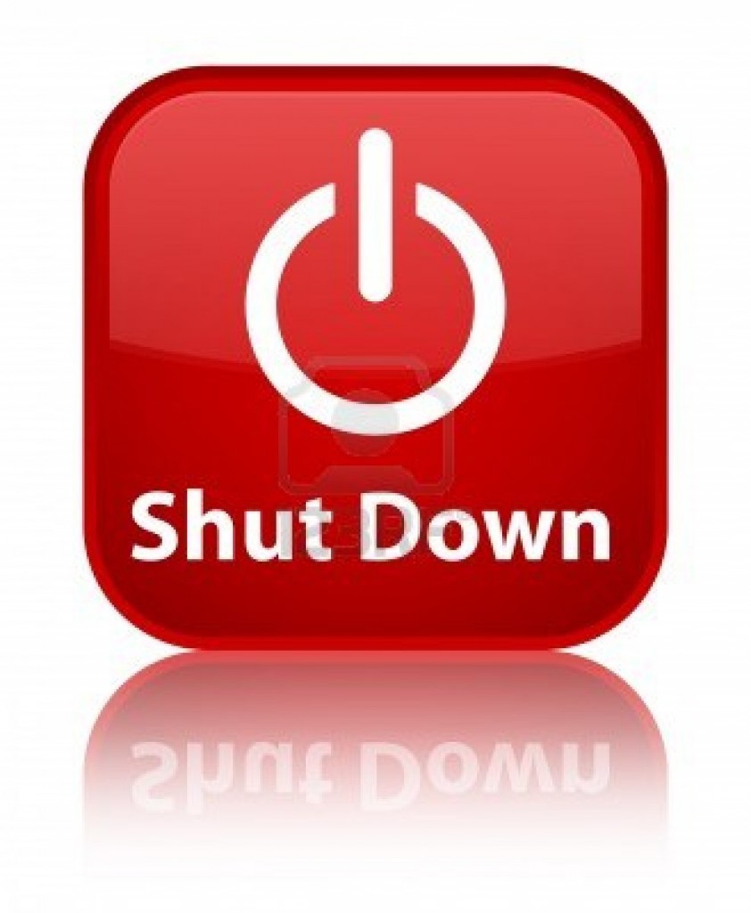 A red button with the word shut down and an image of a power symbol.