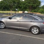 Gray sedan parked in a scenic area.