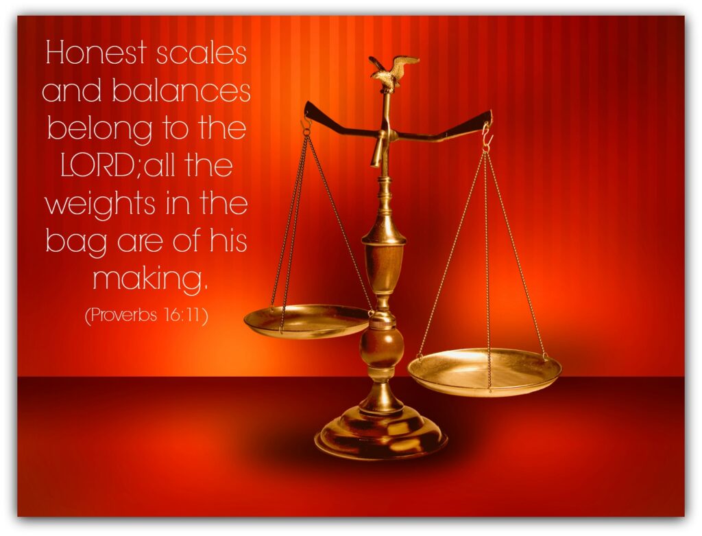 Scales with a biblical verse background.