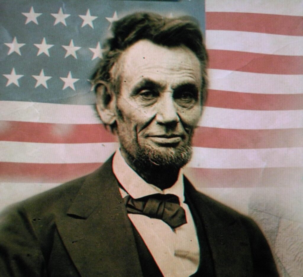 Portrait of Abraham Lincoln with American flag.