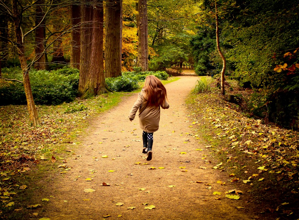 Girl walking on a path through autumn trees.