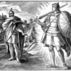 A black and white drawing of two men in armor