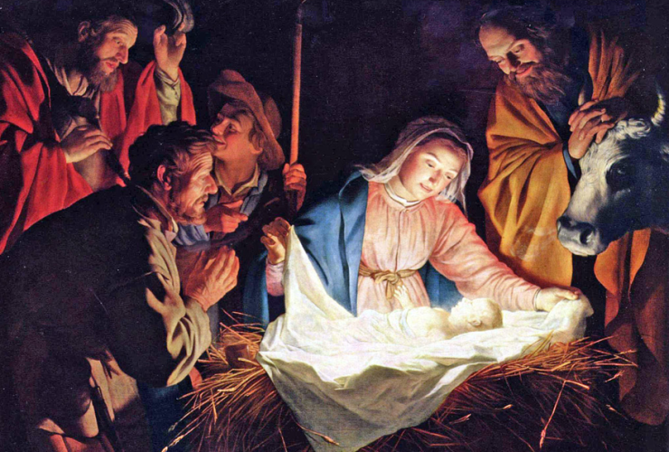 A painting of jesus in the manger with his family.