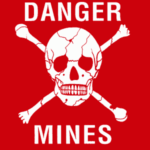 Danger mines warning sign with skull design.