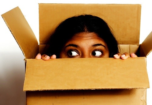 Person peeking out of a cardboard box.