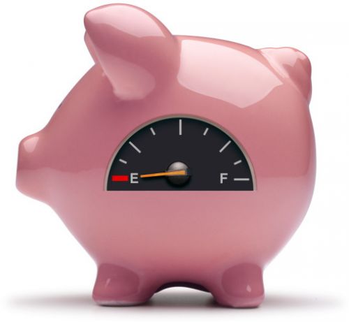 Pink piggy bank with empty fuel gauge.