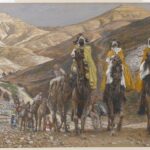 Three figures on horseback in desert landscape.