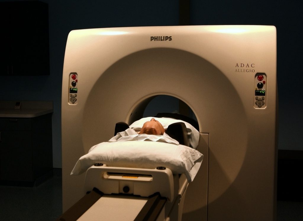 Patient positioned for a CT scan.