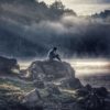 A man sitting on top of a rock in the middle of a field.