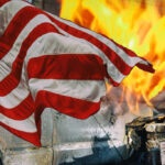 American flag waving near flames.