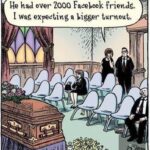 Funeral scene with few attendees and humor.