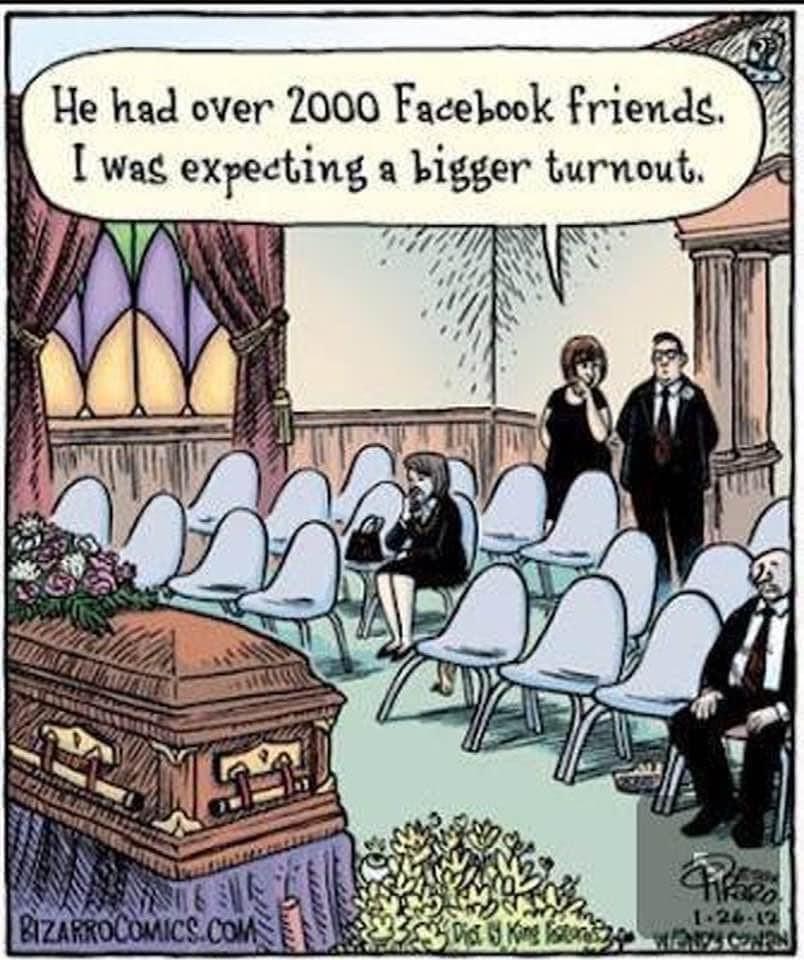 Funeral scene with few attendees and humor.