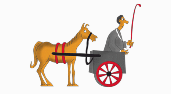 A man in a carriage pulled by a horse.
